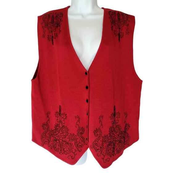 Koret Vest Women's L Wool Blend Red Sweater Knit Grandmacore Vintage Beaded Embe - Picture 2 of 10
